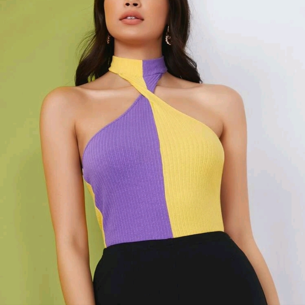 New Colorblock Halter Rib knit Top